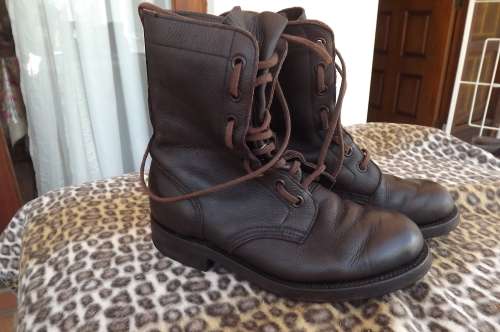 Pair of brown genuine leather SADF boots .Issued 1992 in size 5.5 army size 240.Made by D.W.S