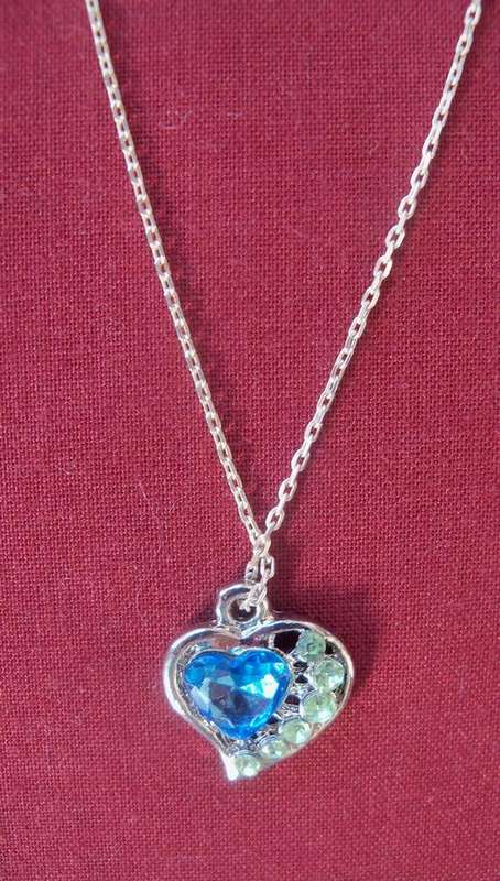 Heart Pendant with Silver chain - blue + green stones