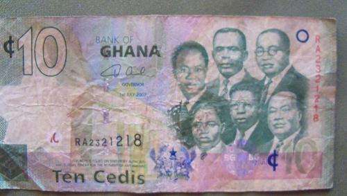 Banknote from Ghana Ten Cedis 2007 -good condition but used