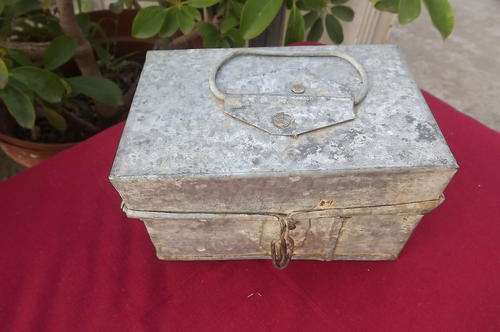 Old Fashioned handmade zinc storage tin - lockable - 9.5 x 15cm - about 50 years old