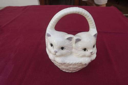 Two Kittens in a woven basket porcelain ornament