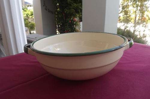Enamel Dish - cream with green rim - handles
