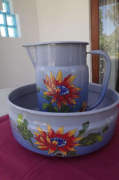 Antique Blue Enamel Bathroom Basin and Jug with Embossed Flowers