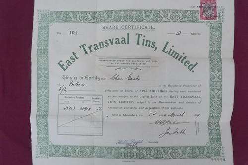 Share Certificate from 1919 for 5 Shillings