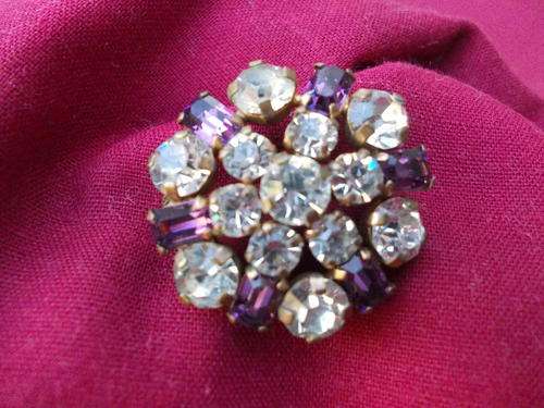 Vintage Small Round Brooch with simulated diamond and purple stones on brass base