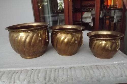 Set of 3 Brass Plated Plant Holders - 15, 13 & 11cm high x 20.5, 17.5 & 15cm diameters