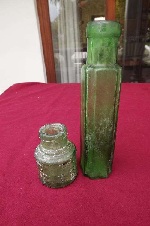 Green Bottle + Green Ink Bottle with Crack - large bottle in good condition - height 16cm