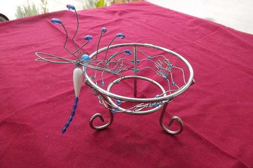 Candle Holder in Metal decorated with Blue Beads and Dragonfly
