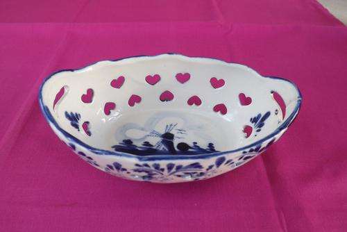Oval Porcelain Delft Bowl with Little Hearts all Round - some repair work on right side rim-14.5x9cm