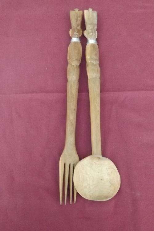 African Art Wooden Fork and Spoon with Carved Masks and Wire Neckbands - as new - 35cm long