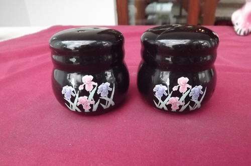 Black Porcelain Salt & Pepper Pots - good condition