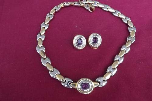 Bi-Colour Necklace with Earrings and Purple Stones - as new