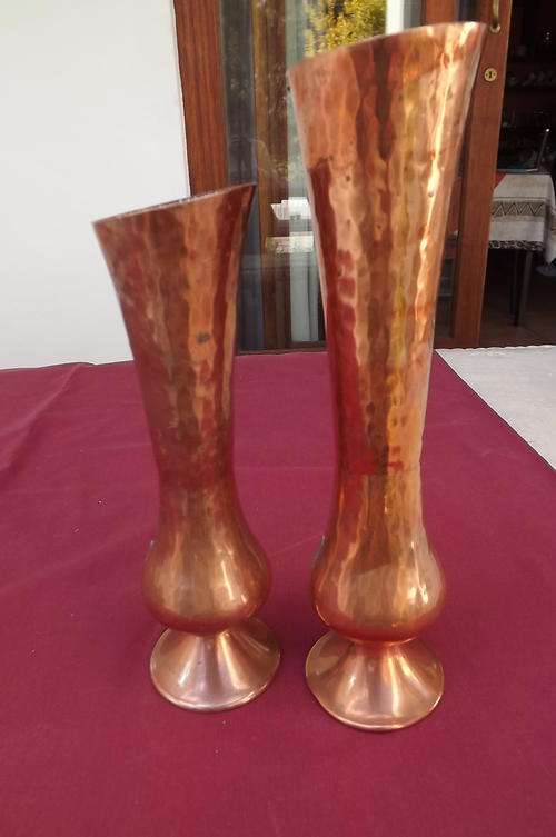 Set of 2 Copper Vases - see scans for condition - height of tallest vase 24.25cm