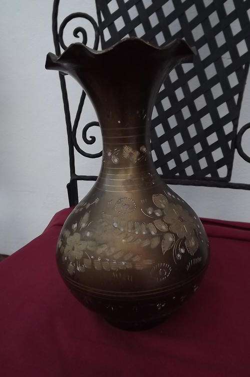 Brass Patterned Vase - height 22.5cm - small hole in side - see scan