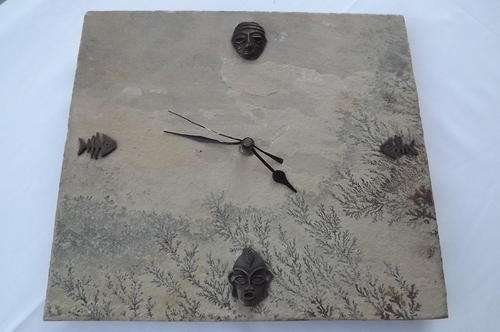 Wall Clock on Clay Tile with Copper Decoration and Painting - 26.5x30cm - good condition - working