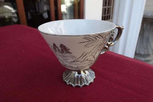 Single Dainty Porcelain Cup in Silver & White - good condition