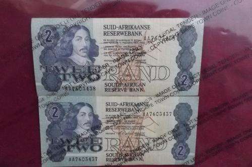 Set of 2 SA R2 Notes signed CL Stals-Van Riebeeck Watermark-numbers in sequence AA7603437/8-UNC