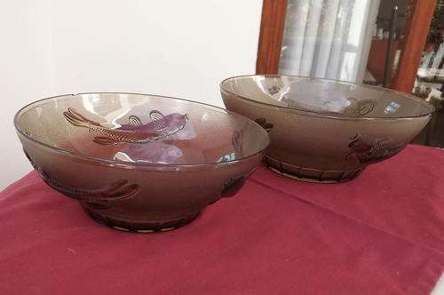 Set of 2 Smoked Glass Bowls - large-25cm diameter - smaller-21.5cm diameter with small chip on rim