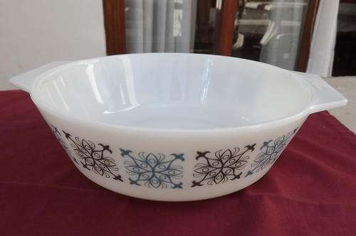 White Opale Glass Oven Proof Dish with Design made in England - good condition