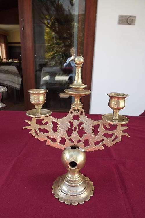 Brass Double Candle Holder - see scans for condition - height 22cm - very heavy-homemade job