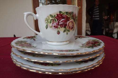 Set of 4 Elegant China English Rose Side Plates and 1 Single Cup - in good condition