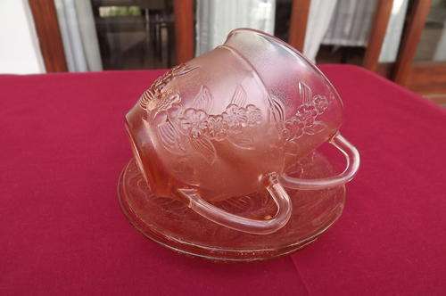 Set of 2 Rose Colour Glass Cups and Saucers in good condition