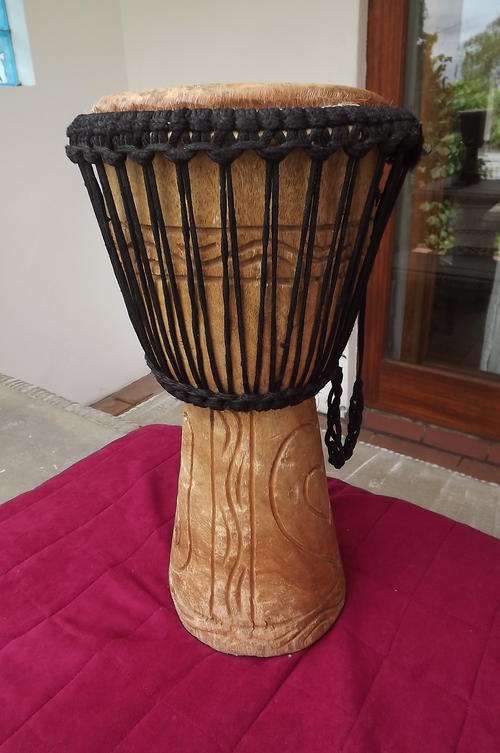 African Wooden Drum with Black Sisal Decoration - height 47cm - 22cm diameter