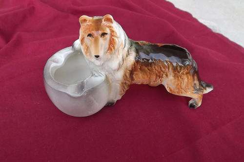 Porcelain Ashtray with Collie Dog as per scan - length 18.5cm - height 10.5cm