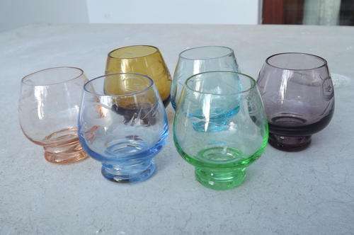 Set of 6 Beautiful Small Different Colour Glasses by Fine SB Wares - height 5.75cm
