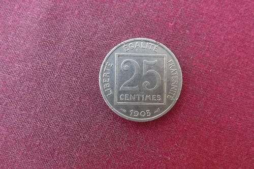 French 1903 25 Centimes Coin - A Patey - Fair condition - see scans
