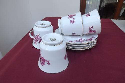 Set of 4 Dainty Porcelain Cups & Saucers with Dark Pink Floral Design and Gilded Rims-good condition