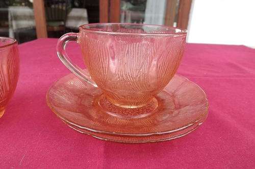 Set of 2 Amber Colour Glass Cups & Saucers in as new condition