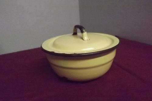 Antique Cream Enamel Bowl with Lid - very old - diameter 17.5cm - height 7.5cm