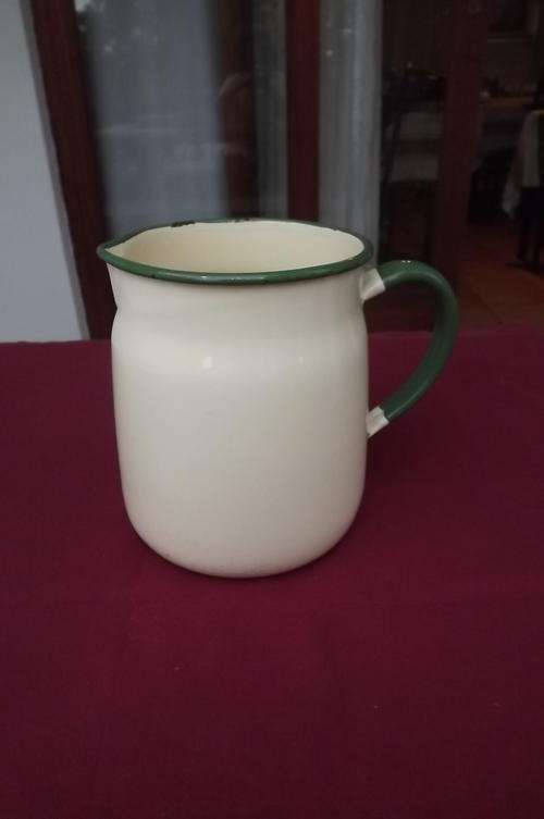 Amazing Old Vintage Enamel Cream & Green Jug in good condition - height 17cm - diameter 14cm