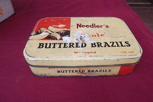 Antique Needlers Buttered Brazil Nuts Tin - 13x18.5cm - 1 lb nuts from England