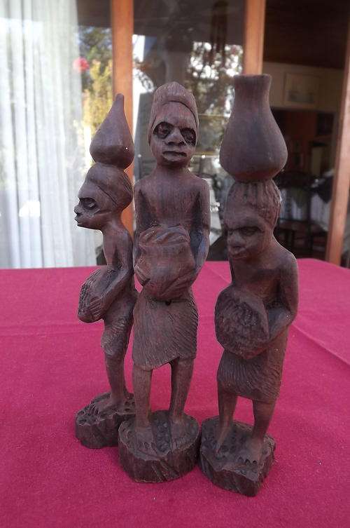 Set of 3 Wooden African carved Figures - height 15cm each - possibly West African