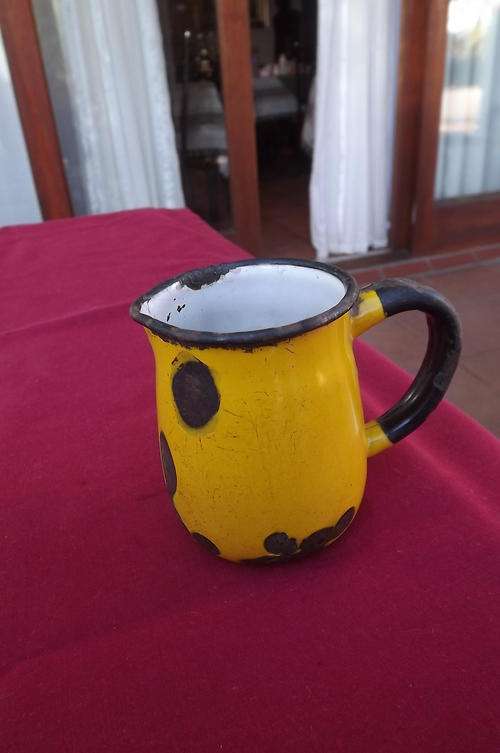 Stunning Mini Canary Yellow Antique Enamel Jug - used a lot but still pretty - height 7.5cm