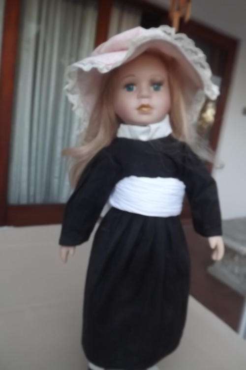 Porcelain Doll on Stand - 42cm tall in Black Dress with Shoes - doll in good condition