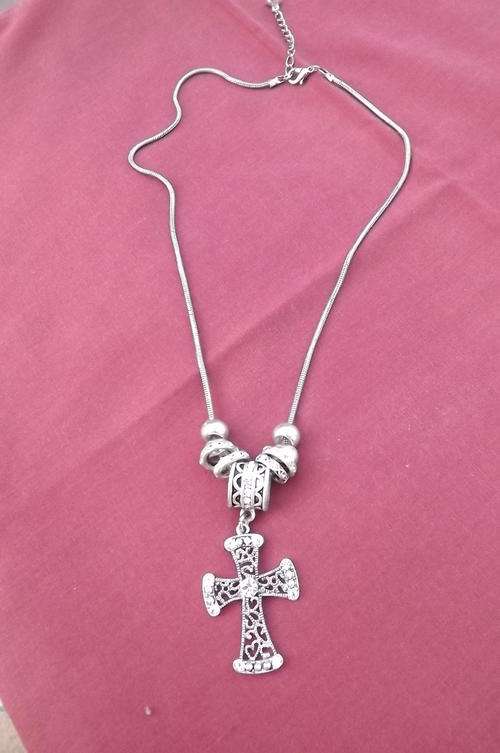 Silver Chain Necklace with Cross Pendant and Rings around Pendant - Imitation Diamonds in Cross