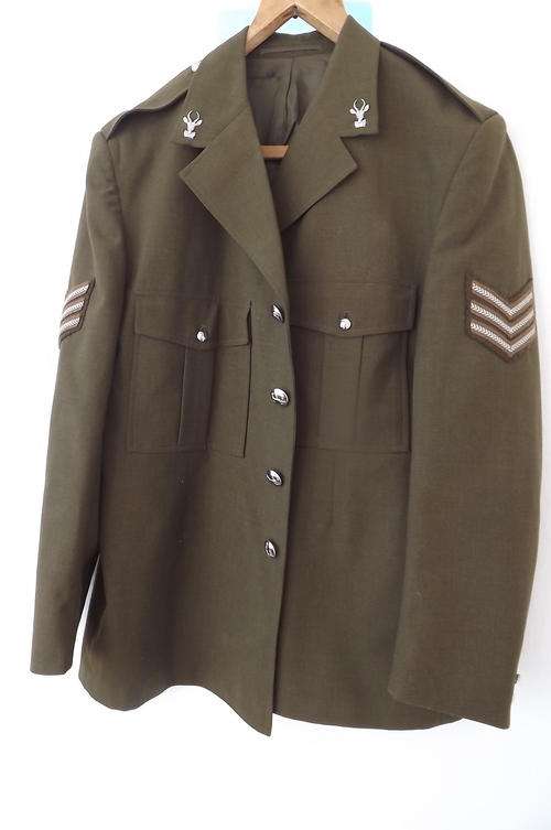 SA Army Tunic Jacket with Silver Springbok Buttons & Sergeant Stripes - 2 Springbok collar badges
