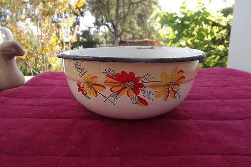 Antique Floral Enamel Bowl - 21cm diameter - old style - see scans