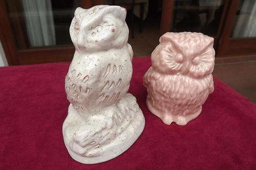 Lot of 2 Stunning Owls - both in glazed potter - beige & dirty pink - lots of detail - as new