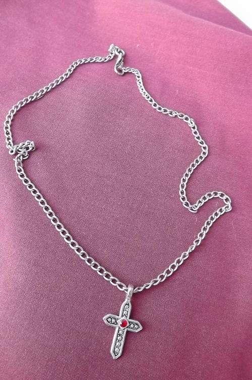 Silver Chain with Cross Pendant in good condition - not real silver but pretty with small red stone