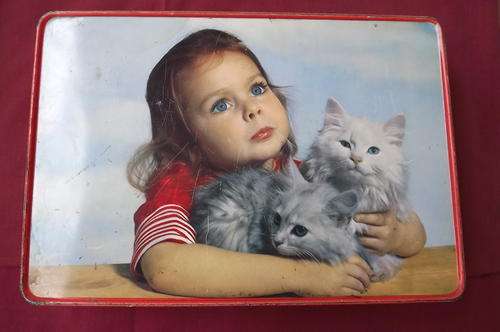 Vintage biscuit tin by Humphries Ltd.Made in N'dabeni,Union of S.A. Little girl with 2 kittens.