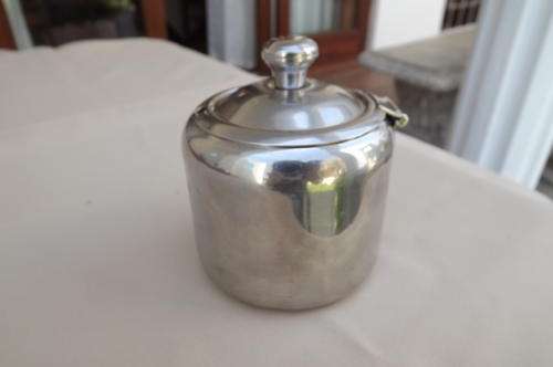 Medium Stainless Steel Sugar Pot with Attached Lid - height 7cm - as new