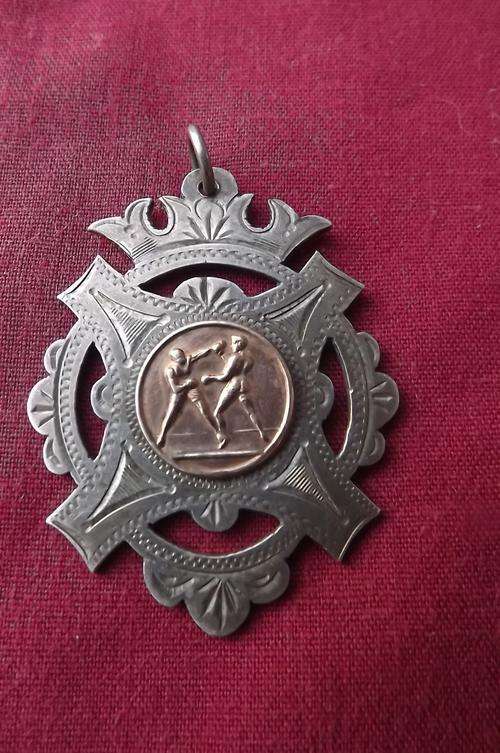WJP Sterling Silver Fob medal pocket watch pendant.Early 1900's Fashion.Inner circle in Rose Gold.