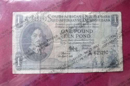 S.A One Pound banknote from 13 April 1951.Signed M.H de Kock.2nd issue.Good condition