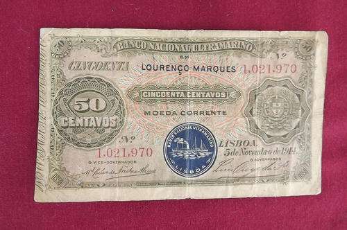Old 1914 Lourenzo Marques 50 Centavos banknote printed in Lisbon.No torn or damaged