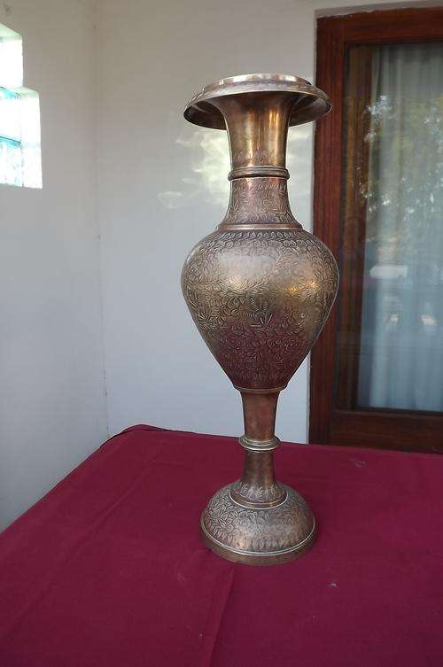 Very tall genuine heavy brass vase with beautifully embossed.Made in India.Height 61cm.Good conditio