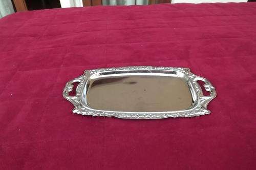 Small chrome plate tray with handles and floral border 21 x 11.5 cm.As new
